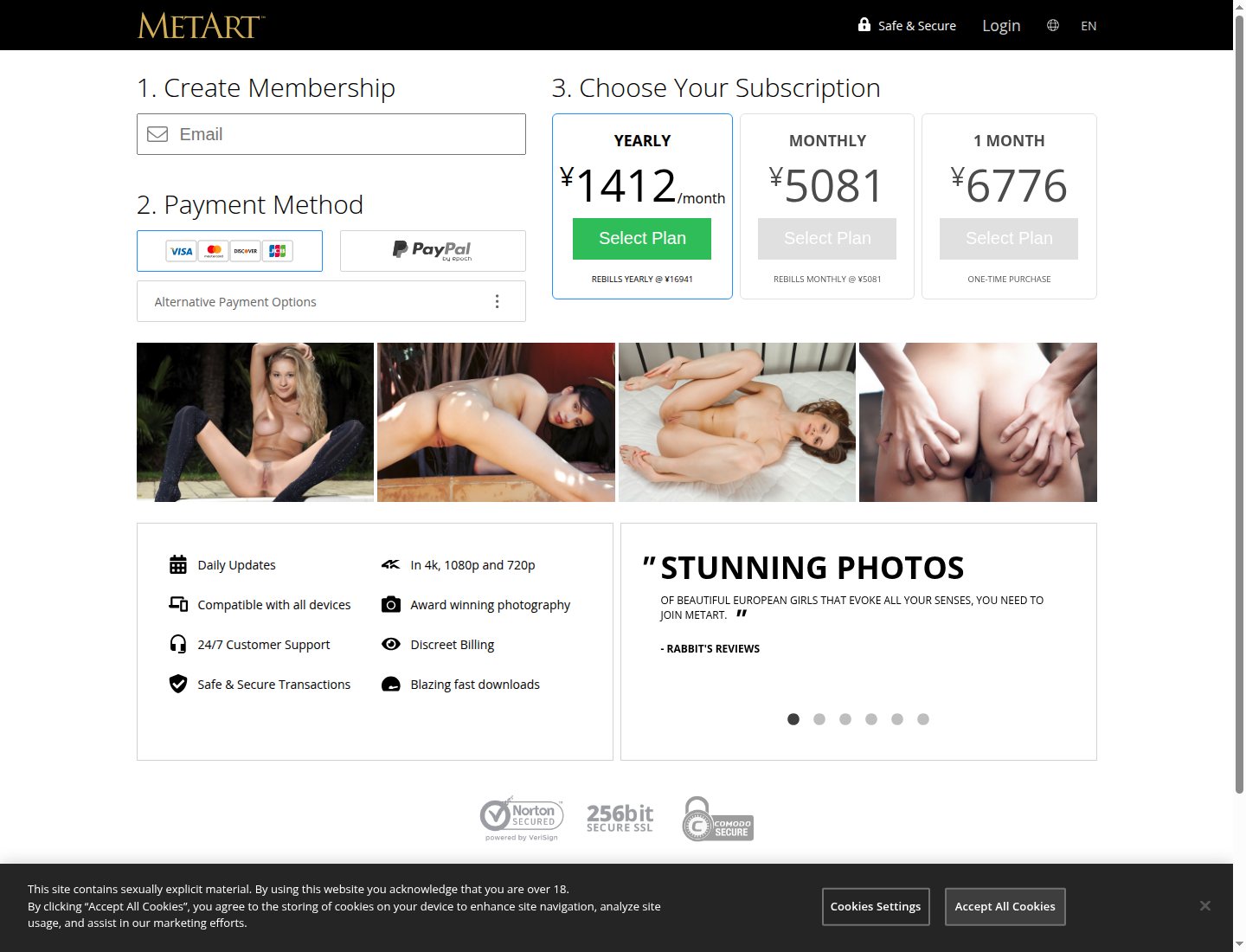 METARTの登録画面。メール、支払い方法、三つの料金プランが円建てで並ぶ